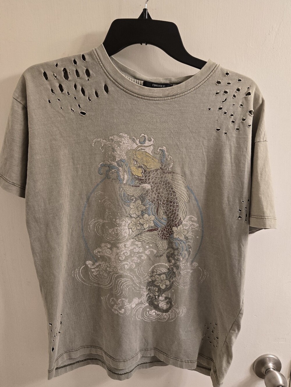 Forever 21 Olive Green Koi Graphic Distressed Short Sleeve Tee